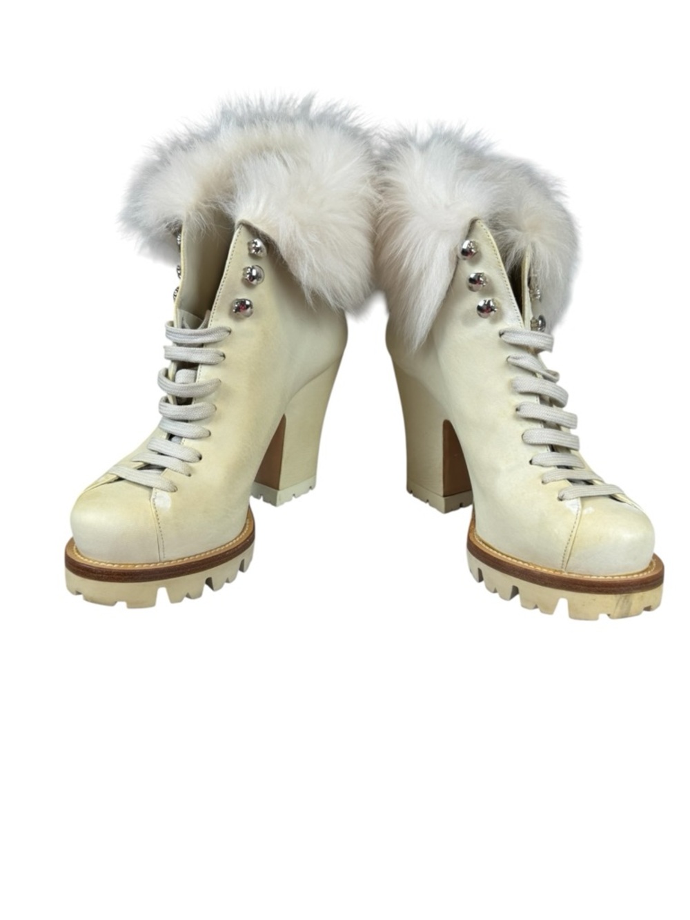 Prada Ivory Fur Trim Platform Lug Sole Heeled Ankle Boots Size 37.5 US 7.5